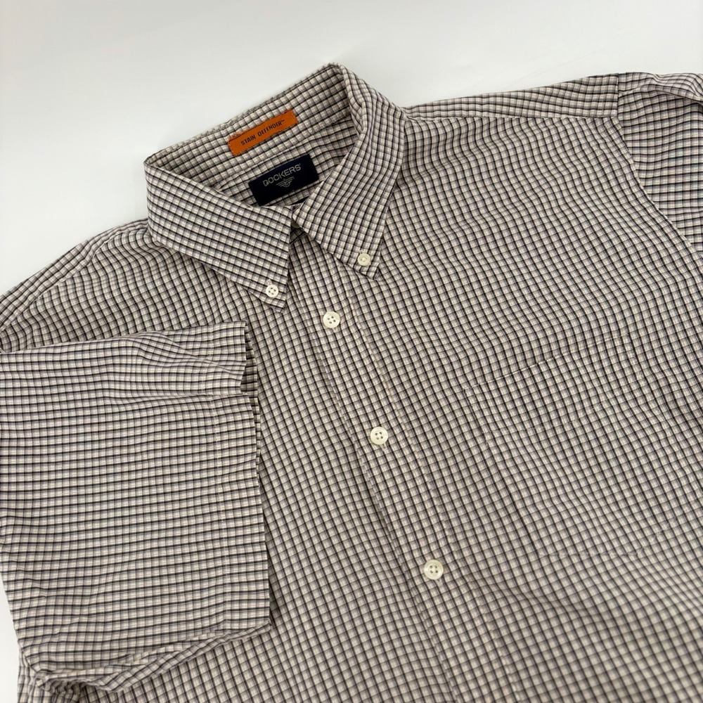 Dockers Mens XL Short Sleeve Button Down Shirt Stain Defender‎ Micro Check Gray